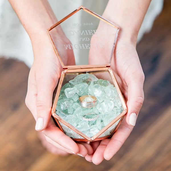 Small Glass Geometric Terrarium Style Ring Box - Modern Couple Etching