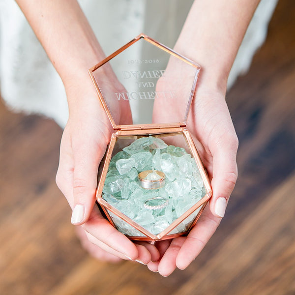 Small Glass Geometric Terrarium Ring Box - Classic Couple Etching