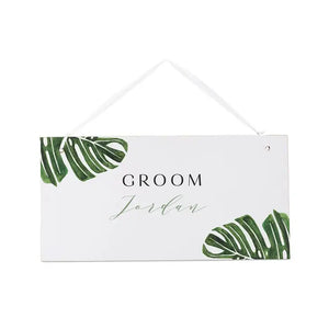 Small Personalized Wooden Wedding Sign - White Monstera Greenery