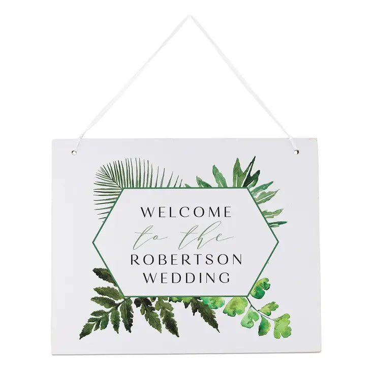 Medium Personalized Wooden Wedding Sign - Semi-Open Message White Greenery Collage