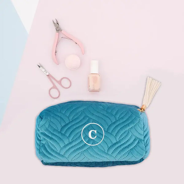 Small Personalized Velvet Quilted Makeup Bag For Women- Light Blue