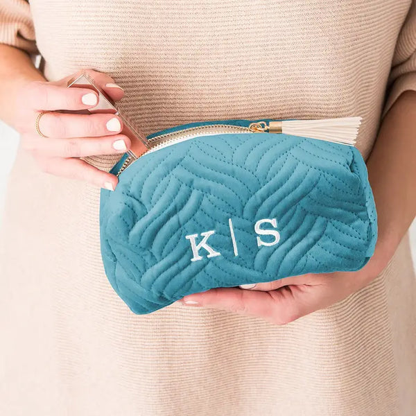 Small Personalized Velvet Quilted Makeup Bag For Women- Light Blue