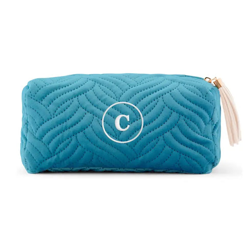 Small Personalized Velvet Quilted Makeup Bag For Women- Light Blue