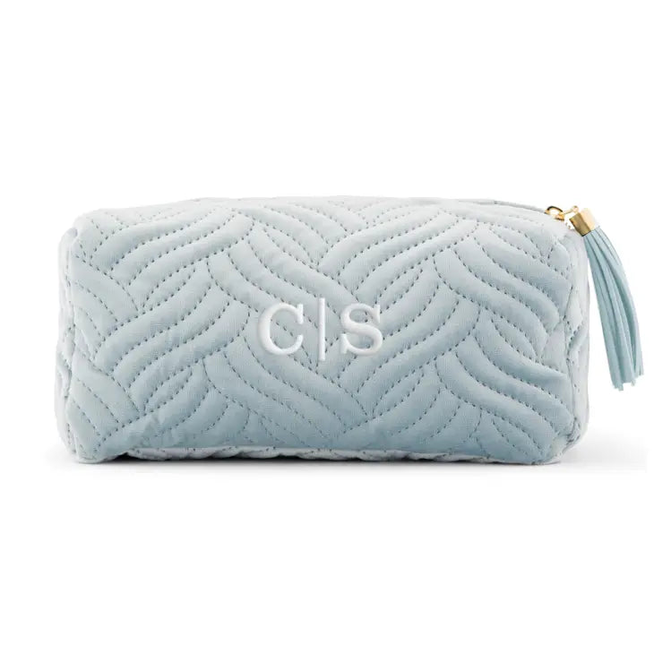 Small Personalized Velvet Quilted Makeup Bag For Women - Spa Blue