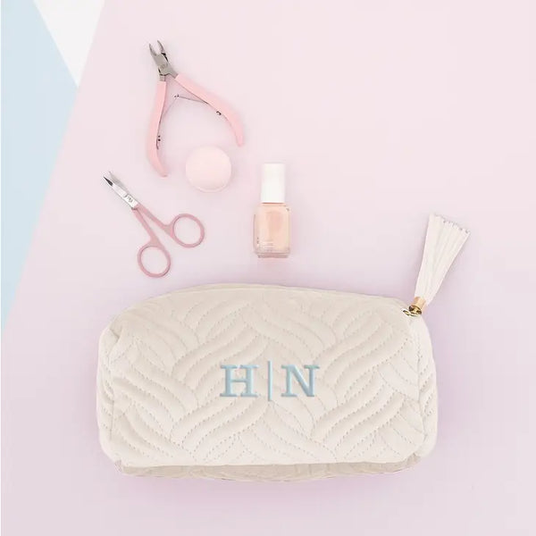 Small Personalized Velvet Quilted Makeup Bag For Women- Ivory Beige