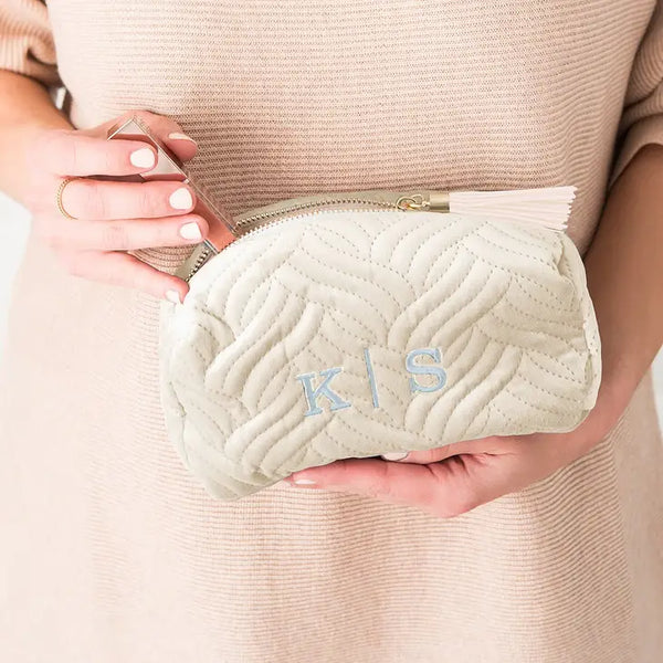 Small Personalized Velvet Quilted Makeup Bag For Women- Ivory Beige