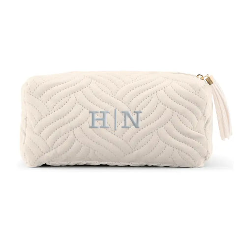 Small Personalized Velvet Quilted Makeup Bag For Women- Ivory Beige