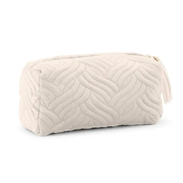 Small Personalized Velvet Quilted Makeup Bag For Women- Ivory Beige