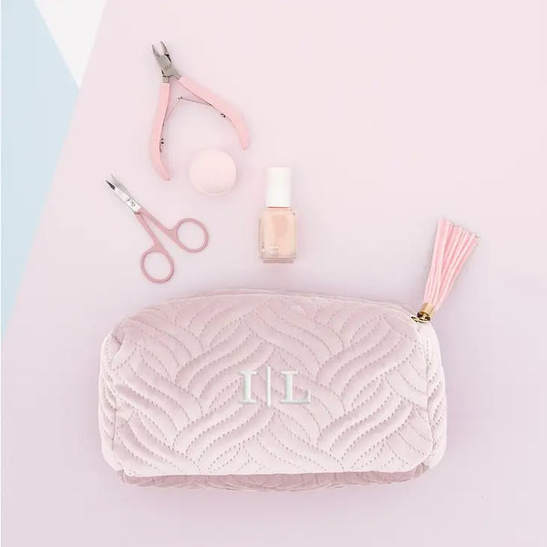 Small Personalized Velvet Quilted Makeup Bag For Women- Blush Pink