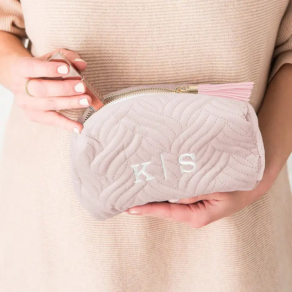 Small Personalized Velvet Quilted Makeup Bag For Women- Blush Pink