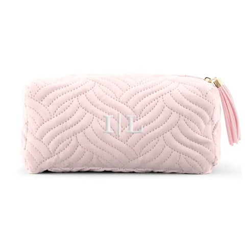 Small Personalized Velvet Quilted Makeup Bag For Women- Blush Pink