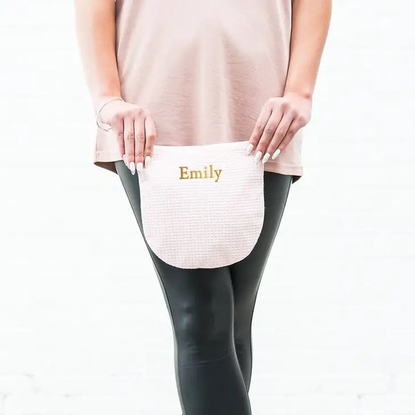 Personalized Small Cotton Waffle Makeup Bag - Blush Pink