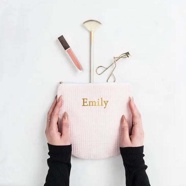 Personalized Small Cotton Waffle Makeup Bag - Blush Pink