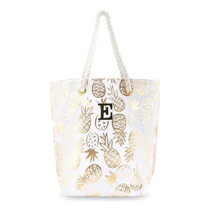 Personalized Monogrammed Cotton Canvas Beach Tote Bag- Gold Pineapple Print