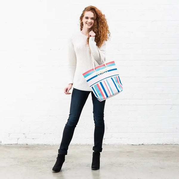 Personalized Monogrammed Cotton Canvas Beach Tote Bag - Bright Stripes