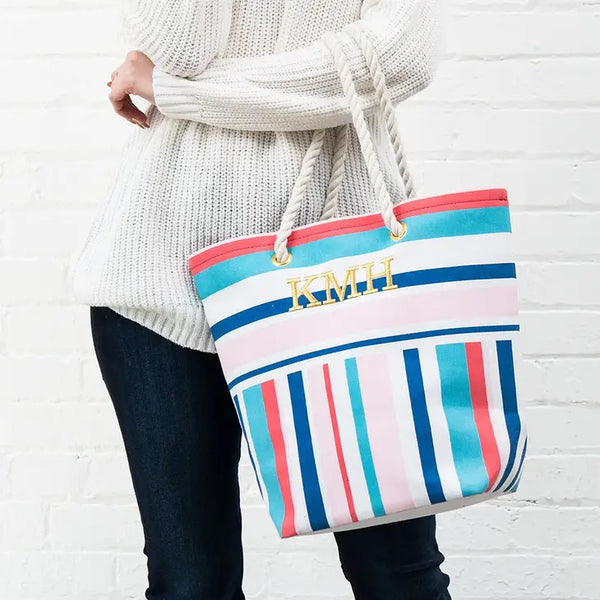 Personalized Monogrammed Cotton Canvas Beach Tote Bag - Bright Stripes