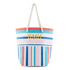 Personalized Monogrammed Cotton Canvas Beach Tote Bag - Bright Stripes