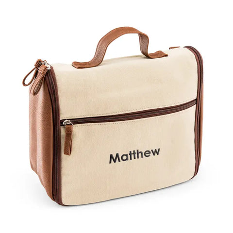 Personalized Men's Hanging Travel Toiletry Bag - Light Brown Canvas