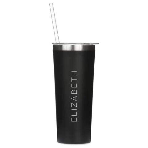 Personalized 22 Oz. Black Stainless Steel Drink Tumbler with Straw - Contemporary Vertical