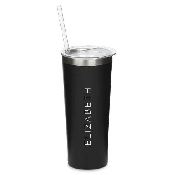 Personalized 22 Oz. Black Stainless Steel Drink Tumbler with Straw - Contemporary Vertical