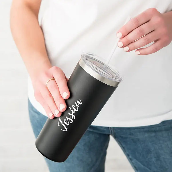 Personalized 22 Oz. Black Stainless Steel Drink Tumbler with Straw - Calligraphy