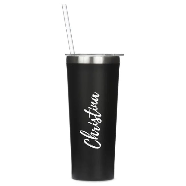 Personalized 22 Oz. Black Stainless Steel Drink Tumbler with Straw - Calligraphy