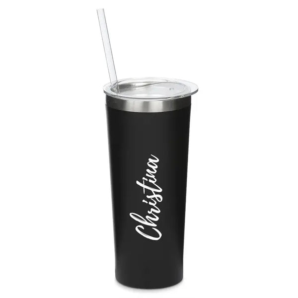 Personalized 22 Oz. Black Stainless Steel Drink Tumbler with Straw - Calligraphy