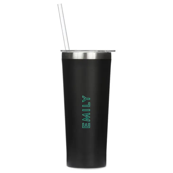 Personalized 22 Oz. Black Stainless Steel Drink Tumbler with Straw - Line Monogram