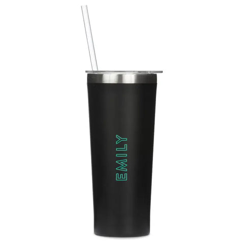 Personalized 22 Oz. Black Stainless Steel Drink Tumbler with Straw - Line Monogram