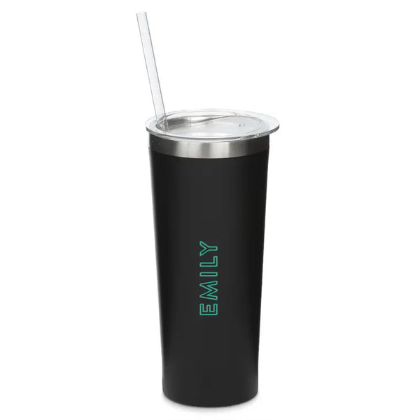 Personalized 22 Oz. Black Stainless Steel Drink Tumbler with Straw - Line Monogram