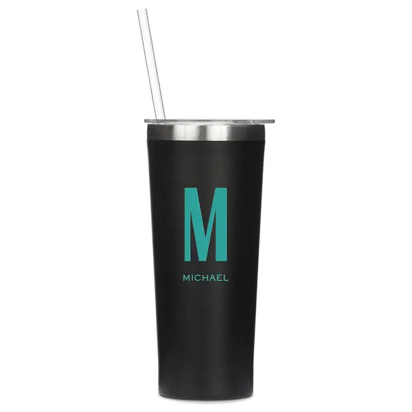 Personalized 22 Oz. Black Stainless Steel Drink Tumbler with Straw - Sans Serif Monogram