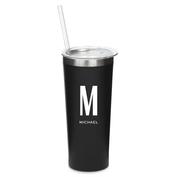 Personalized 22 Oz. Black Stainless Steel Drink Tumbler with Straw - Sans Serif Monogram