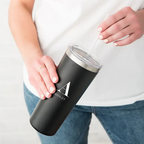 Personalized 22 Oz. Black Stainless Steel Drink Tumbler with Straw - Modern Serif Monogram