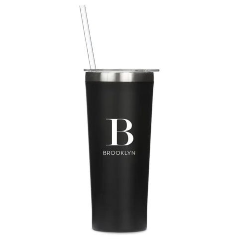 Personalized 22 Oz. Black Stainless Steel Drink Tumbler with Straw - Modern Serif Monogram