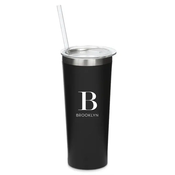 Personalized 22 Oz. Black Stainless Steel Drink Tumbler with Straw - Modern Serif Monogram