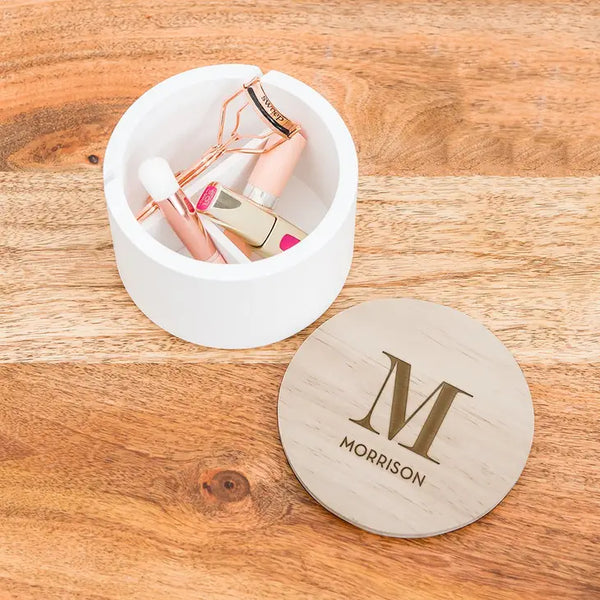 Personalized Round Wooden Jewelry Box – Modern Serif Initial Engraving