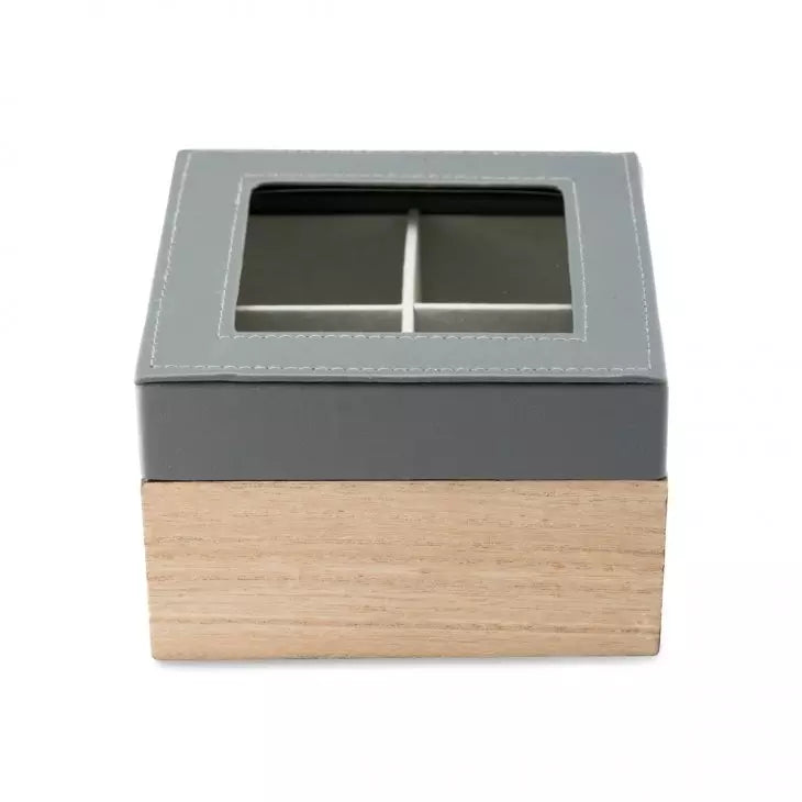 Wood And Faux Leather Keepsake Box With Glass Lid