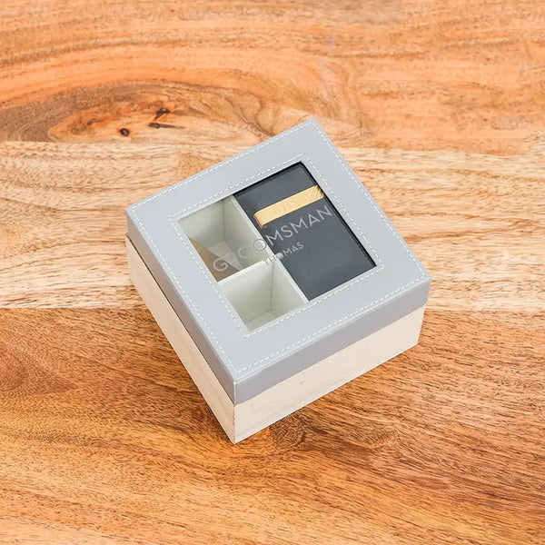 Wood And Faux Leather Keepsake Box With Glass Lid - Groomsman