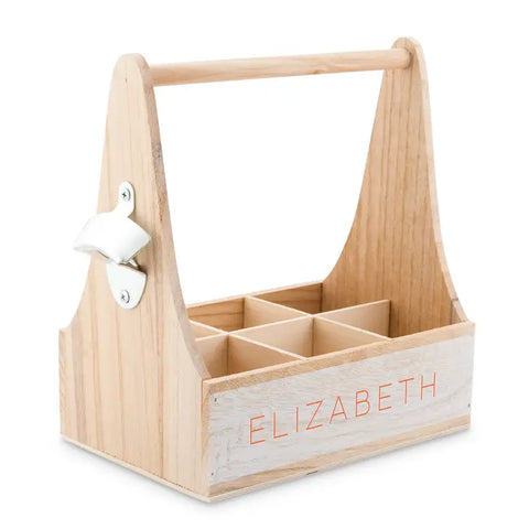 Personalized Wooden Bottle Caddy With Opener - Simple Text