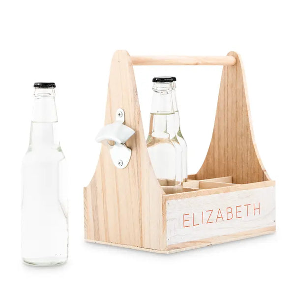 Personalized Wooden Bottle Caddy With Opener - Simple Text