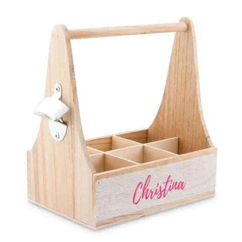 Personalized Wooden Bottle Caddy With Opener - Script