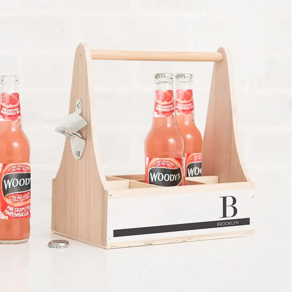 Personalized Wooden Bottle Caddy With Opener - Off-Set Initial