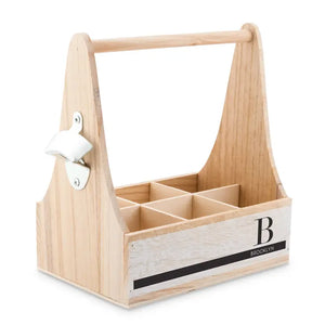 Personalized Wooden Bottle Caddy With Opener - Off-Set Initial