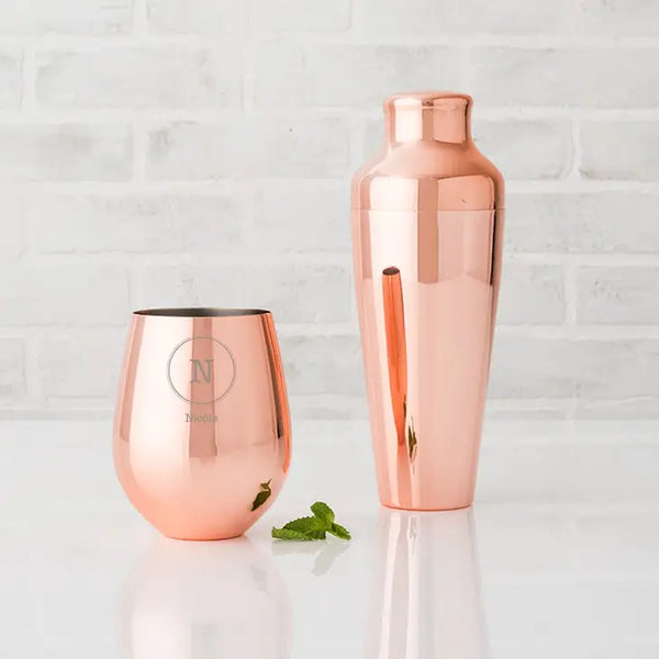 Copper Stemless Wine Glass - Circle Monogram Etching