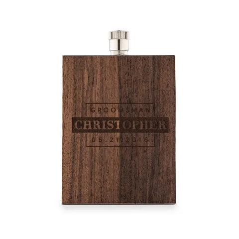 Personalized Rustic Wood Wrapped Stainless Steel Hip Flask - Groomsman Monogram Print