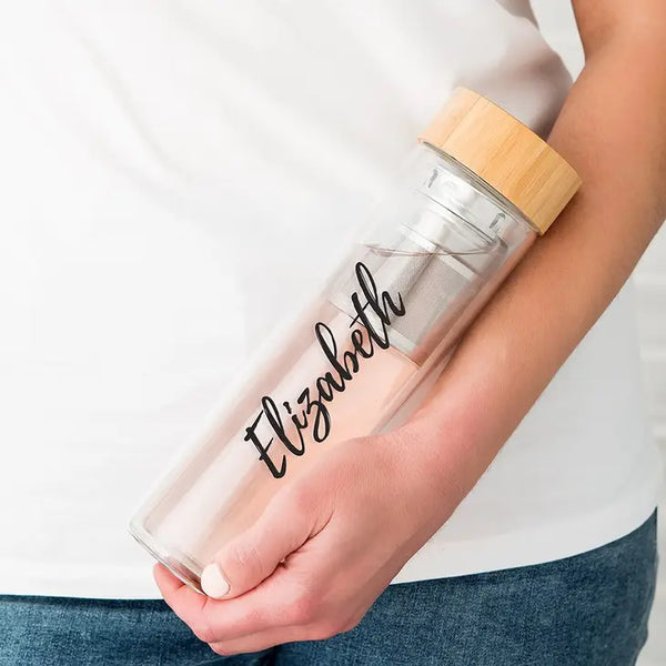 Personalized Glass Tea Infuser Travel Mug - Calligraphy Print