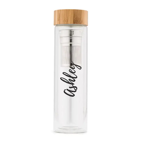 Personalized Glass Tea Infuser Travel Mug - Calligraphy Print