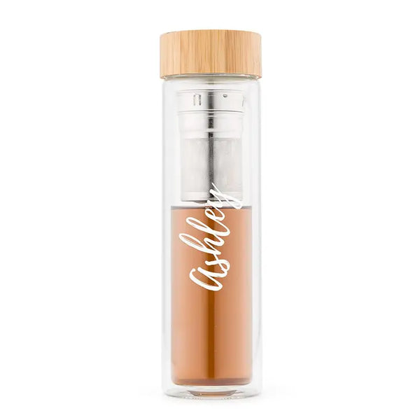 Personalized Glass Tea Infuser Travel Mug - Calligraphy Print