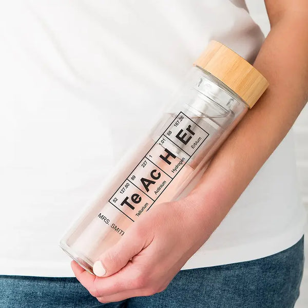 Personalized Glass Tea Infuser Travel Mug - Periodic Table Teacher Print