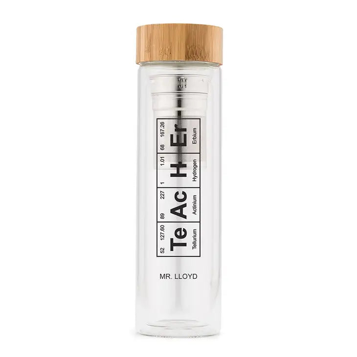 Personalized Glass Tea Infuser Travel Mug - Periodic Table Teacher Print